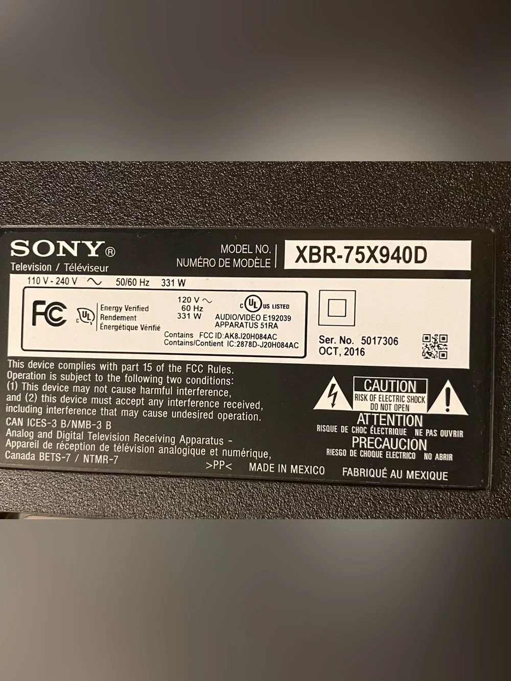 Sony XBR-75X940D Power Supply Board 1-981-012-11 APS-402 1-474-651-11 G3